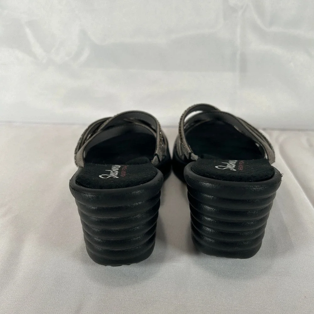 Skechers Rumblers Sci-Fi Wedge Sandals Pewter Metallic Strappy Rhinestone Size 7